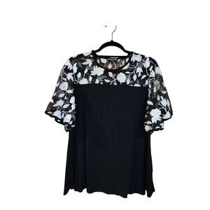 Kim & Cami Black Dress With Sheer Floral Embroidered Bell Sleeves Medium
